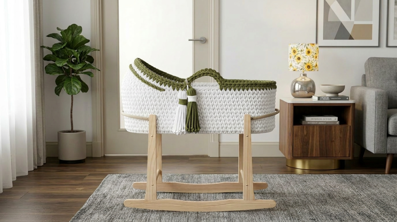 Моузес кош - Бяло с маслинено зелено